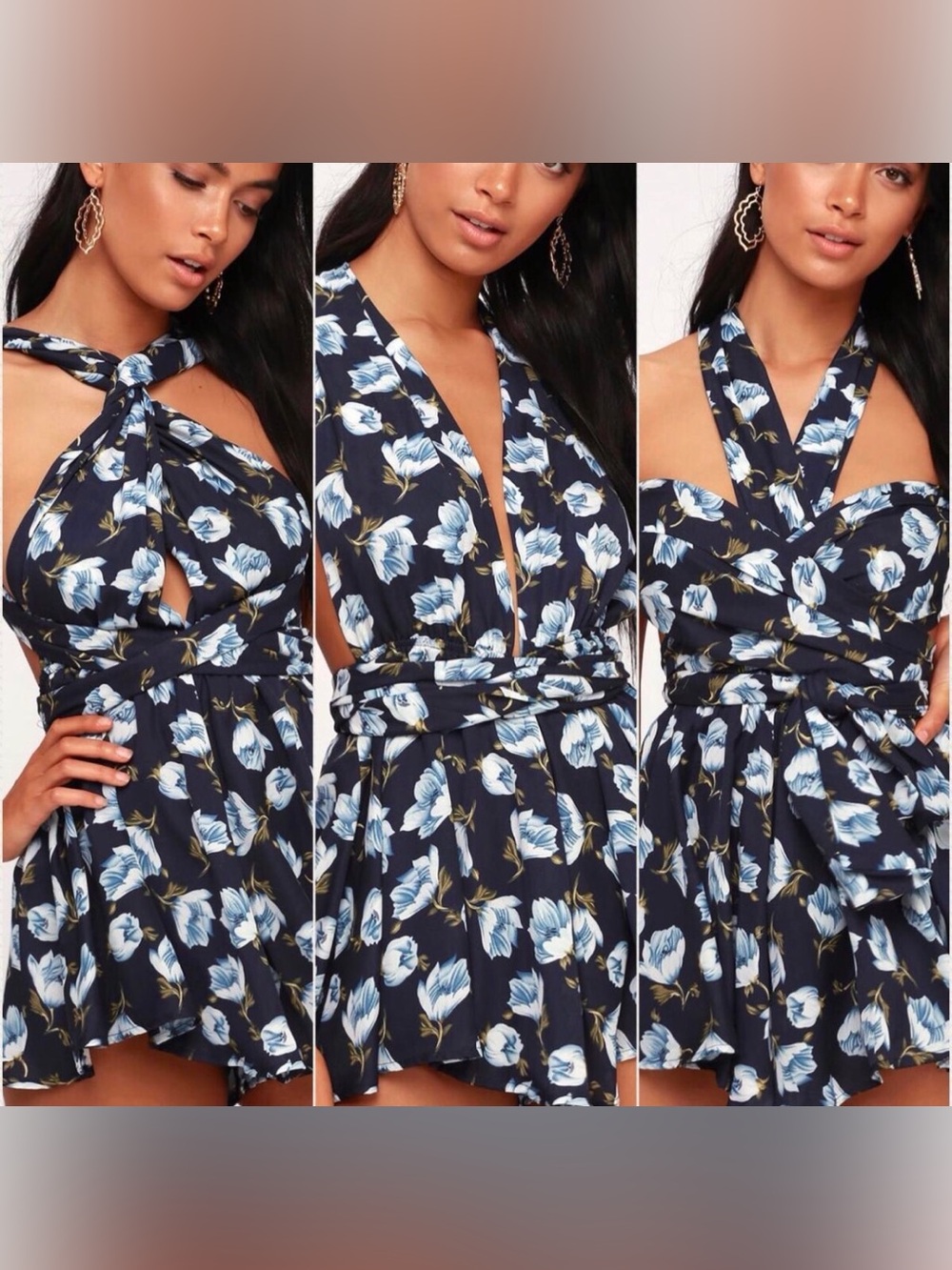 Lulu's Navy Floral Halter Romper with Blue and White Blooms